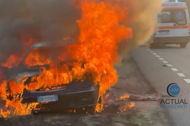 autoturism distrus de flacari pe dn 6 in ghelmegioaia o familie cu un copil se afla in vehicul