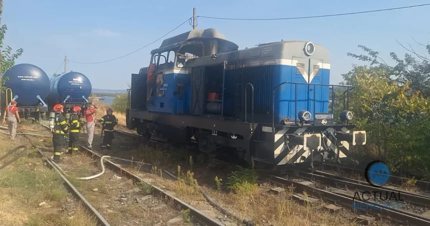 Incendiu la locomotivă în portul Drobeta-Turnu Severin. Intervin mai mulți pompieri.